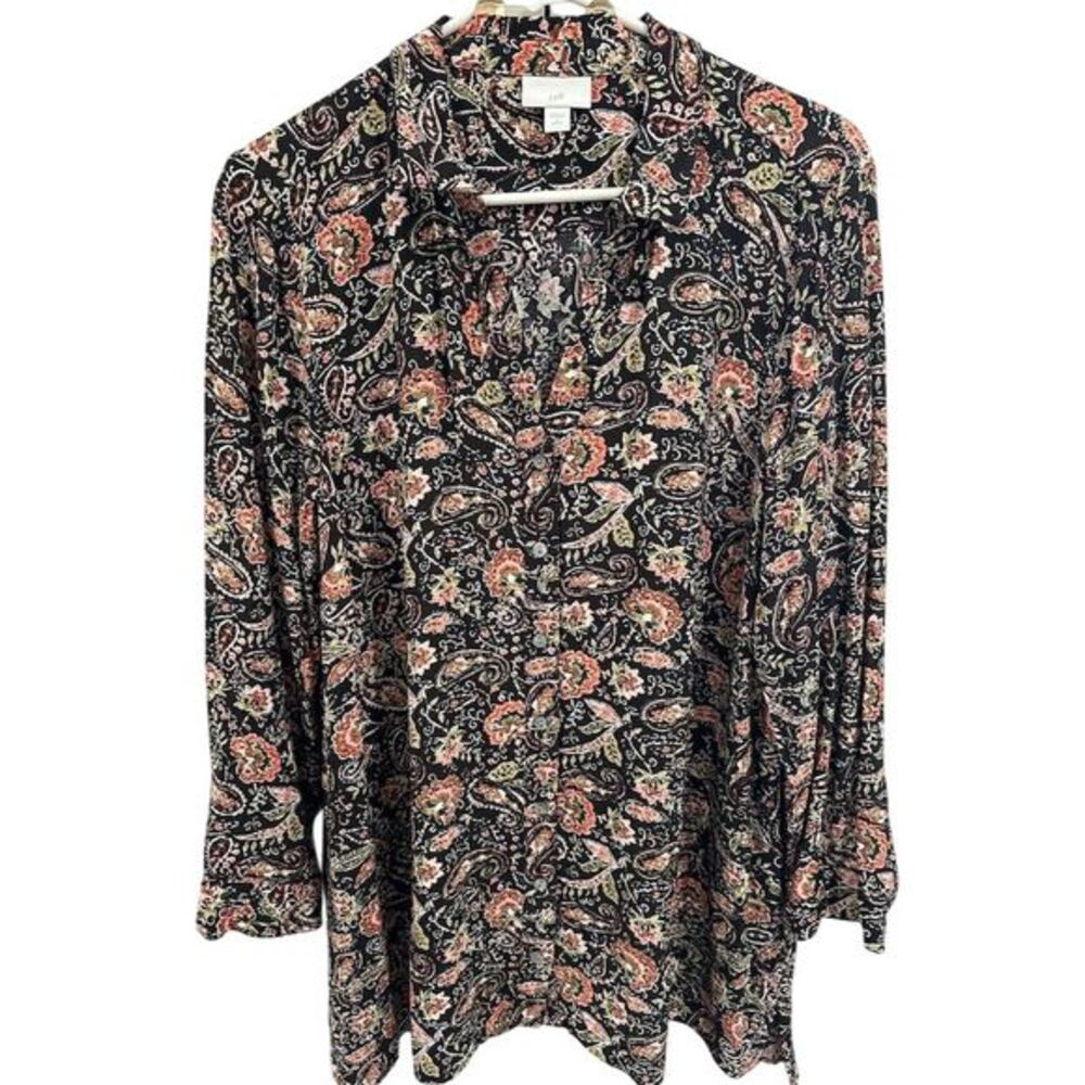 J. Jill Women's Petite Tunic Blouse L Multicolor Paisley Long Sleeve